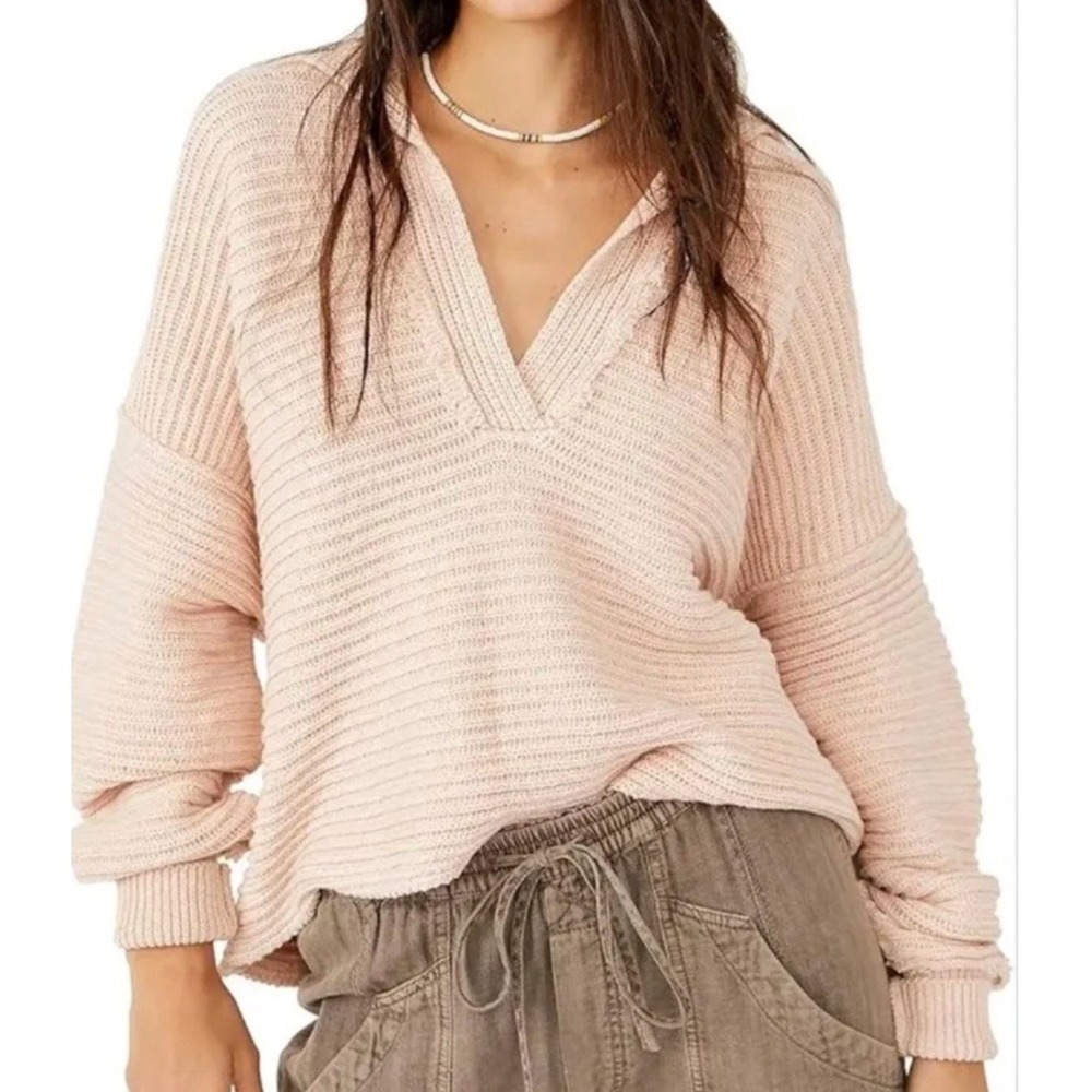 Free People My Only Sunshine V-Neck Ribbed Frayed Sweater Peach Small OB1332205